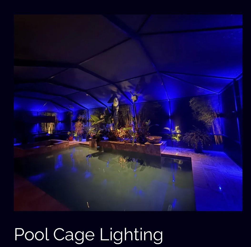 Pool cage with dramatic blue RGBW LED ambient lighting and tropical plants