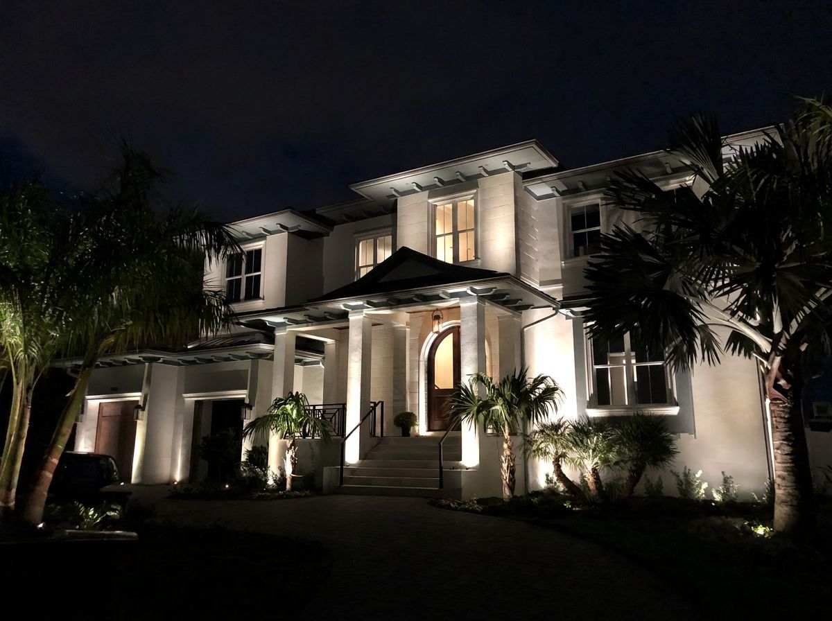 Denard Span MLB star luxury estate Tampa Bay with full architectural and palm LED uplighting at night