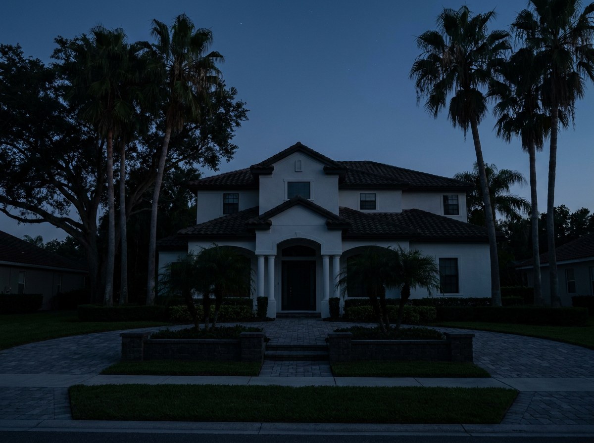 Upscale Florida home photographed at night with every landscape light switched off